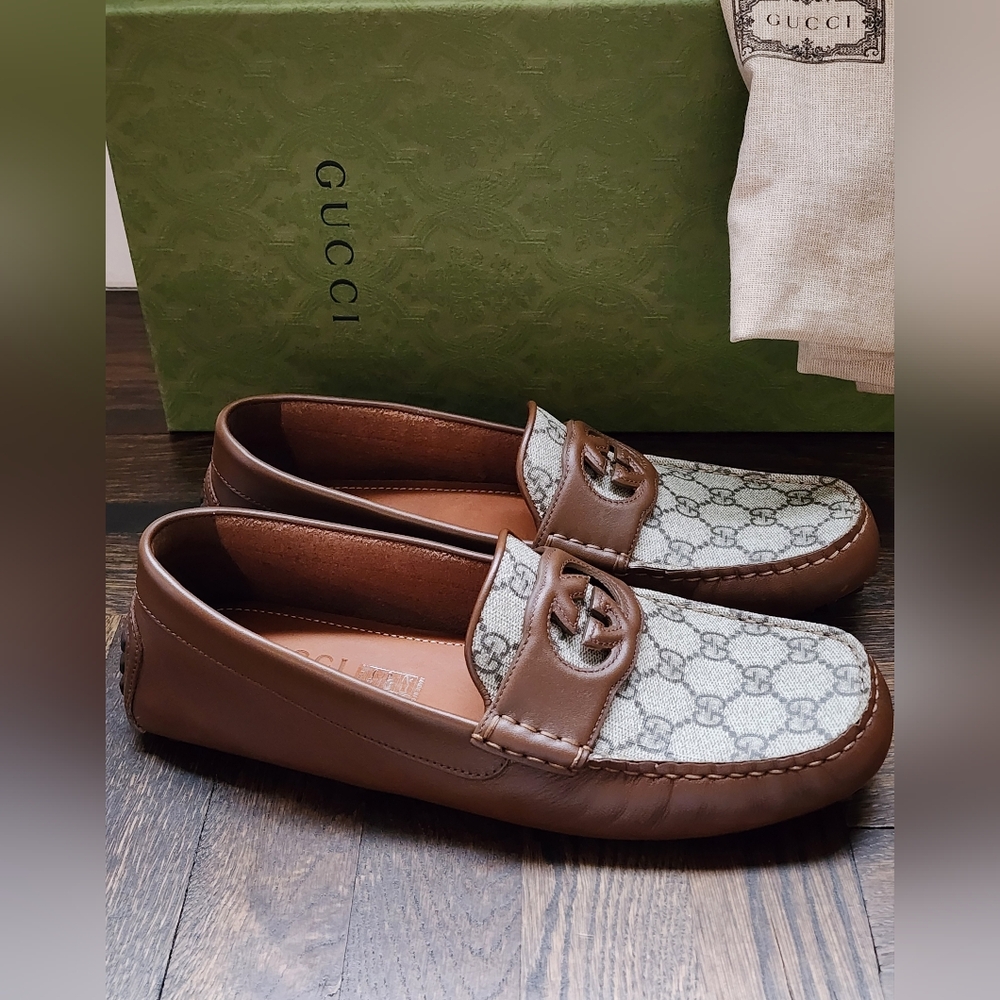 $850 New Gucci GG Interlocking Men Driver Loafer Brown Leather Shoes G 8.5/US 9